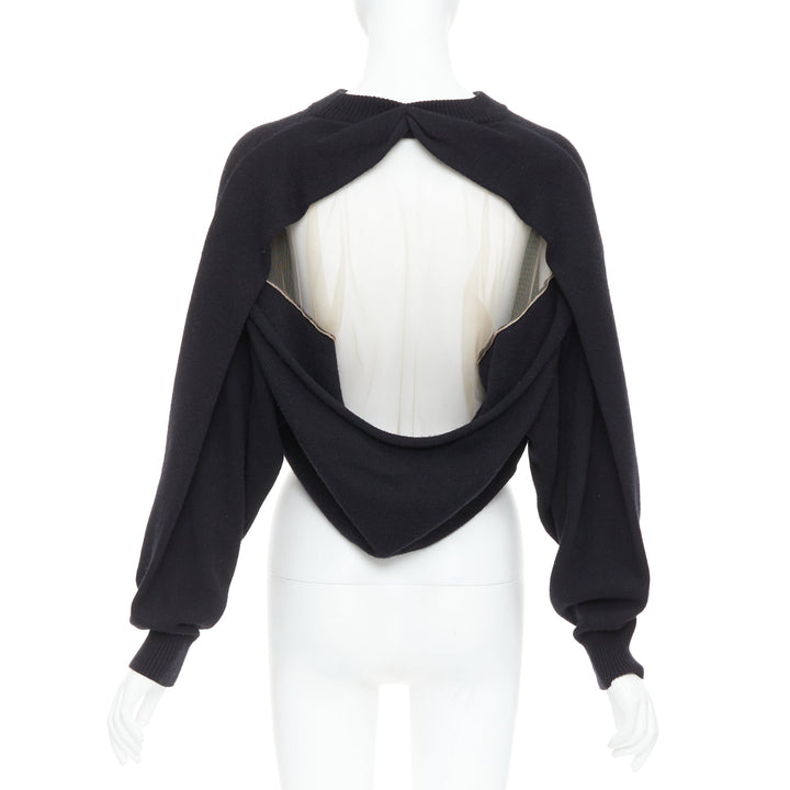 ALEXANDER WANG black wool blend nude sheer back crop sweater S