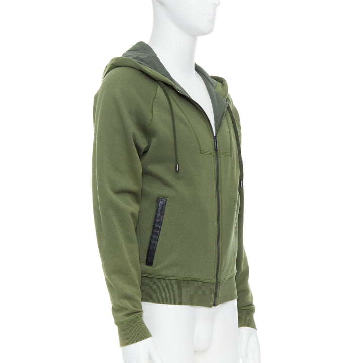 Male mannequin wearing Bottega Veneta Green Cotton Men Hoodies in Size IT46 | Available at JHROP