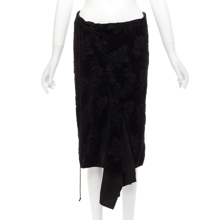 YOHJI YAMAMOTO NOIR black cotton velvet floral jacquard lace up skirt JP1 S