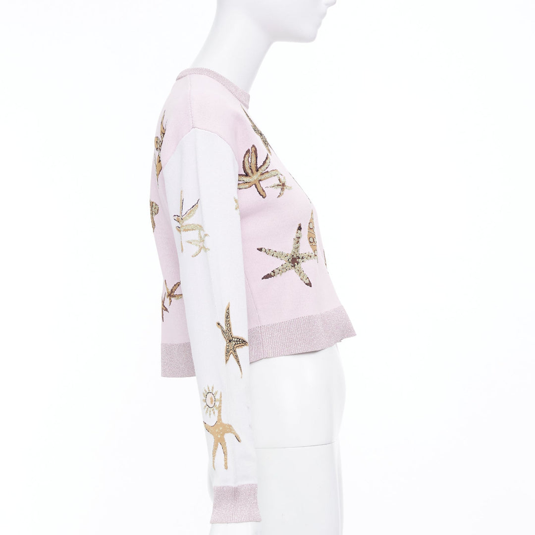 VERSACE 2021 Tresor de la Mer pink crystal starfish lurex crop sweater IT38 XS