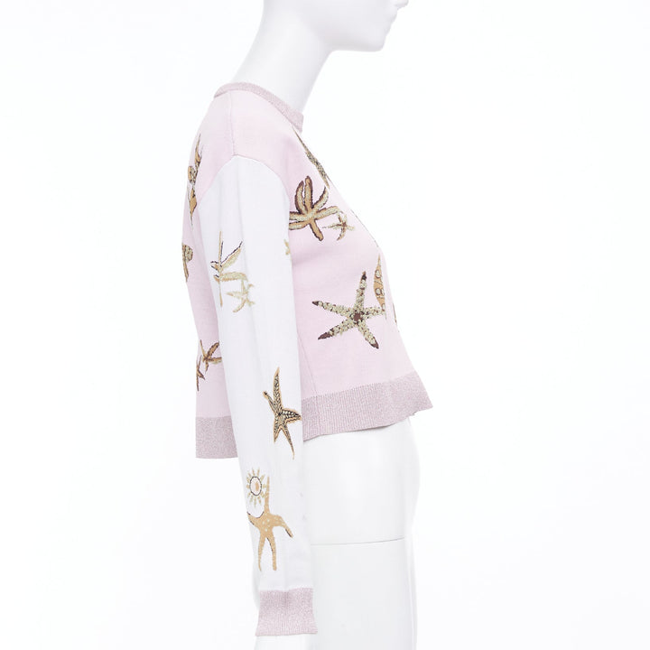 VERSACE 2021 Tresor de la Mer pink crystal starfish lurex crop sweater IT38 XS