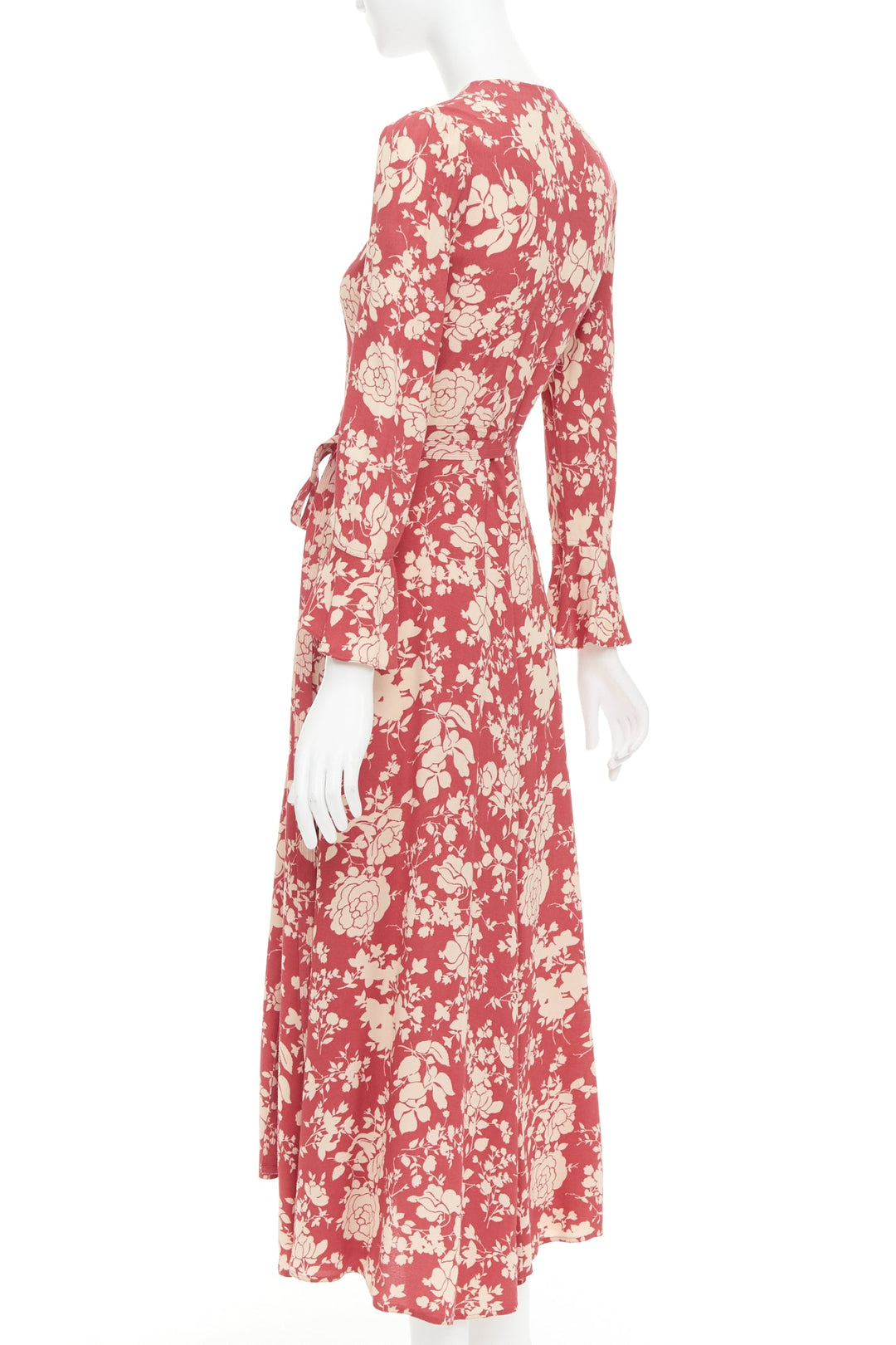 POLO RALPH LAUREN red beige floral print flare sleeve wrap dress US2 S