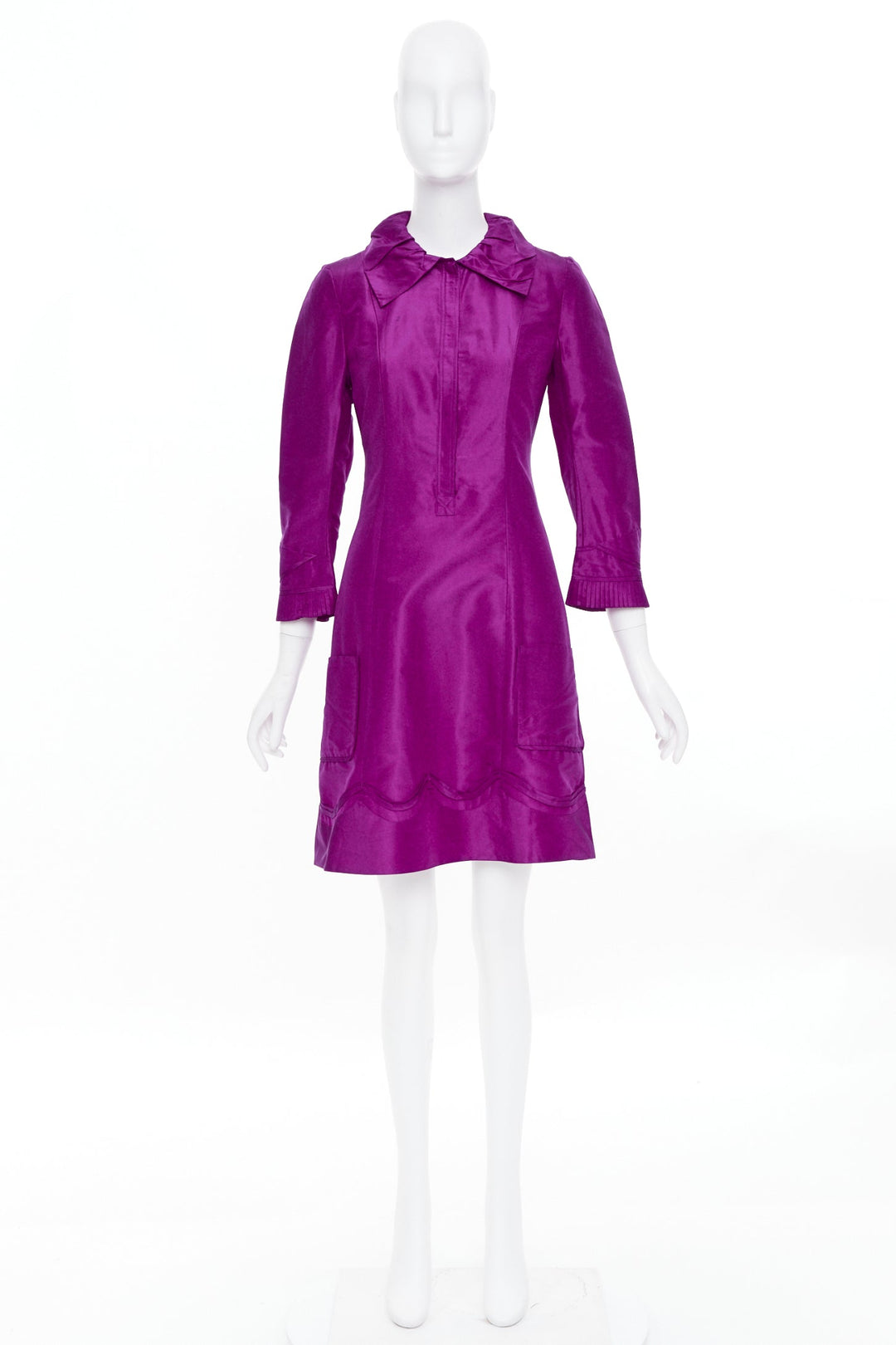 DIANE VON FURSTENBERG Madrid fuchsia silk pleated cuff scallop mini dress US4 S