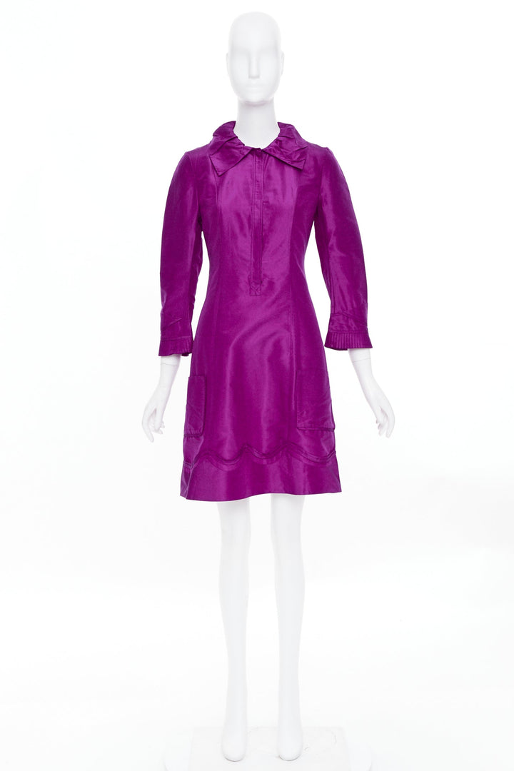 DIANE VON FURSTENBERG Madrid fuchsia silk pleated cuff scallop mini dress US4 S