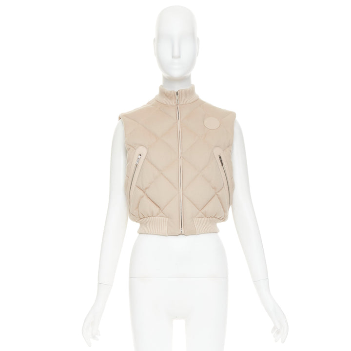 HERMES beige quilted waterproof 100% cashmere lambskin down puffer vest FR34 XXS