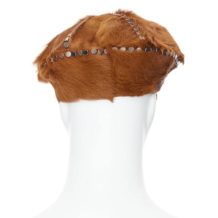 PRADA Runway cognac dyed calf fur silver studded cotton lined newsboy hat M