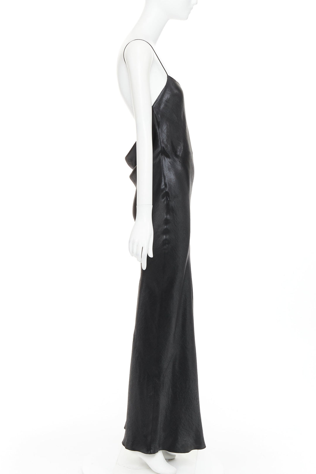 SAINT LAURENT 2023 Runway black iridescent satin plunge cowl back dress FR42 XL