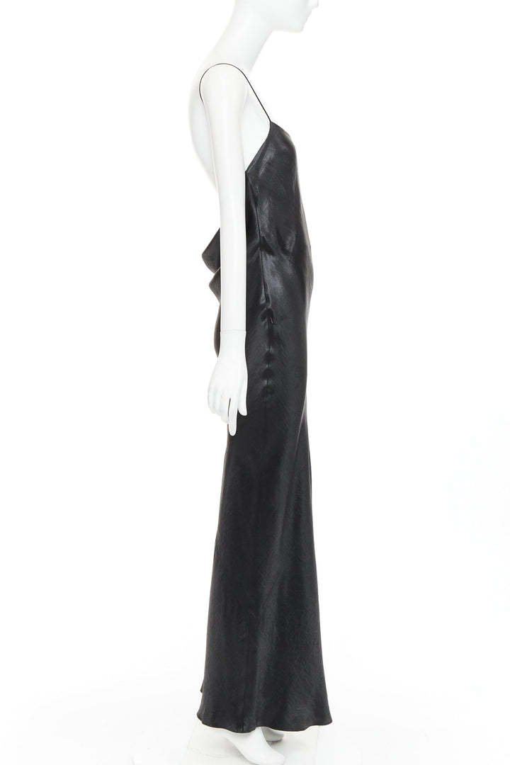 SAINT LAURENT 2023 Runway black iridescent satin plunge cowl back dress FR42 XL