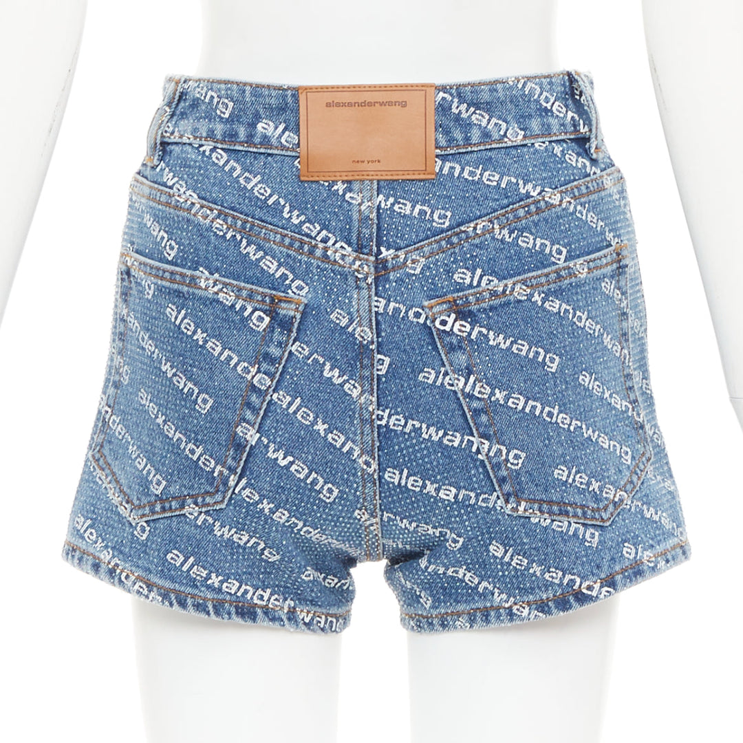 ALEXANDER WANG Bite blue denim crystal rhinestone hotfix logo mini shorts 25"