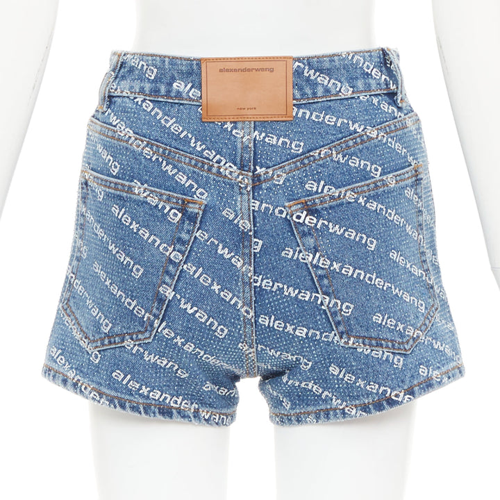 ALEXANDER WANG Bite blue denim crystal rhinestone hotfix logo mini shorts 25"