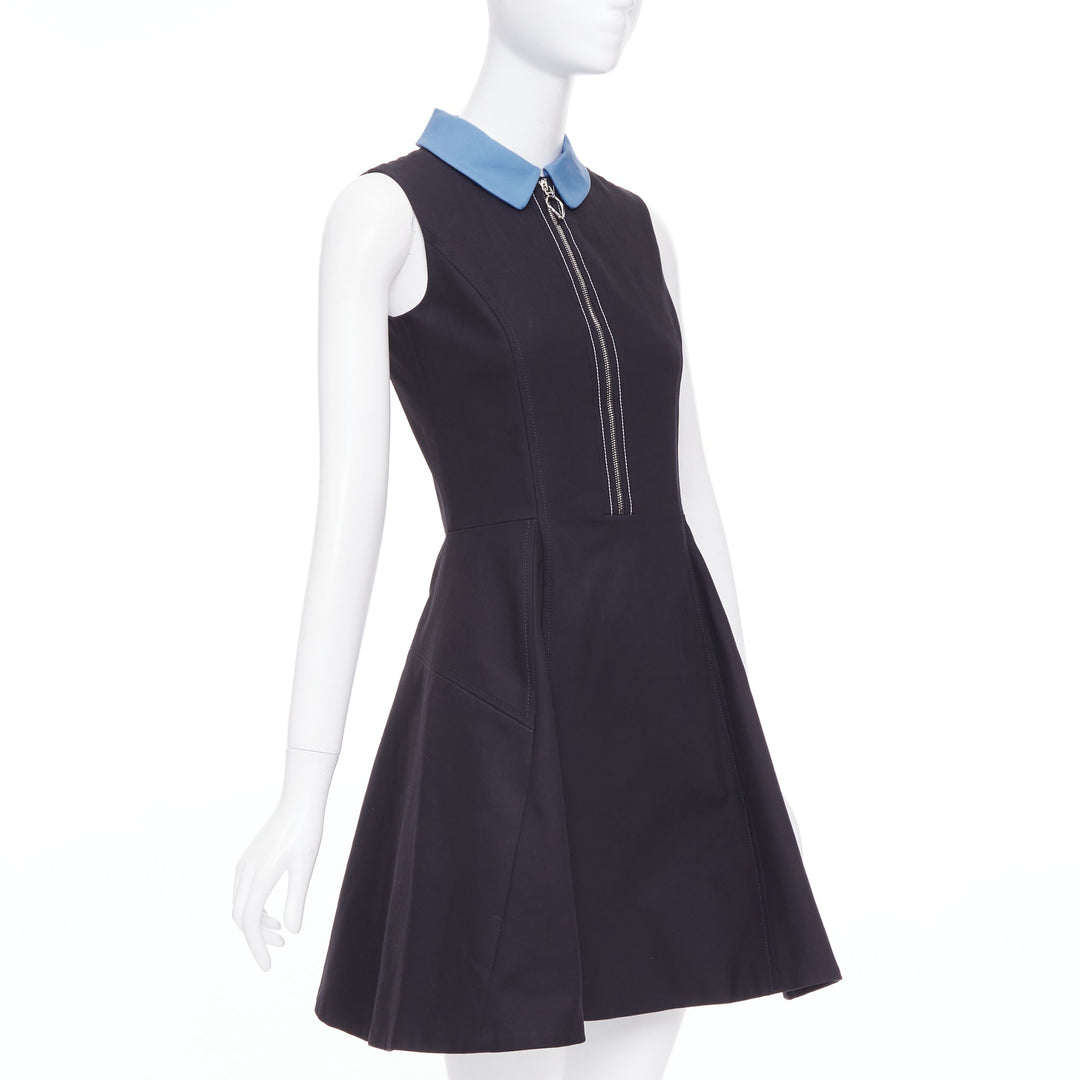CHRISTIAN DIOR blue black cotton half zip A-line silk dress FR34 XS Elle Fanning