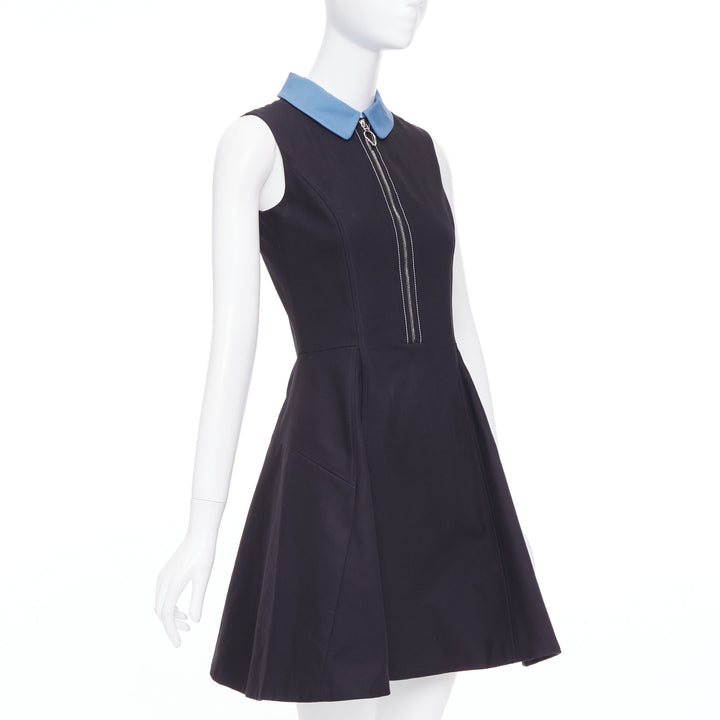 CHRISTIAN DIOR blue black cotton half zip A-line silk dress FR34 XS Elle Fanning