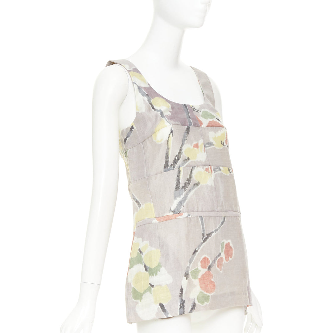 MARNI light grey ramie blend muted floral print panelled scoop neck top IT38 XS
