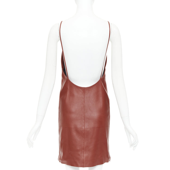 SAINT LAURENT 2024 Goji burgundy lambskin plunge low cut back slip dress FR34 XS