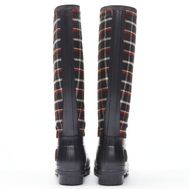 MONCLER red black plaid check black rubber wellington rain boots EU39