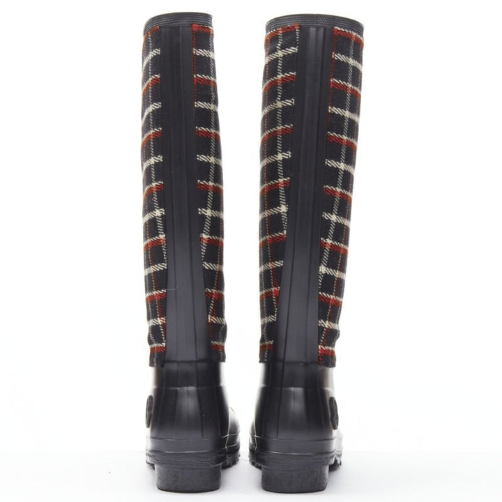 MONCLER red black plaid check black rubber wellington rain boots EU39