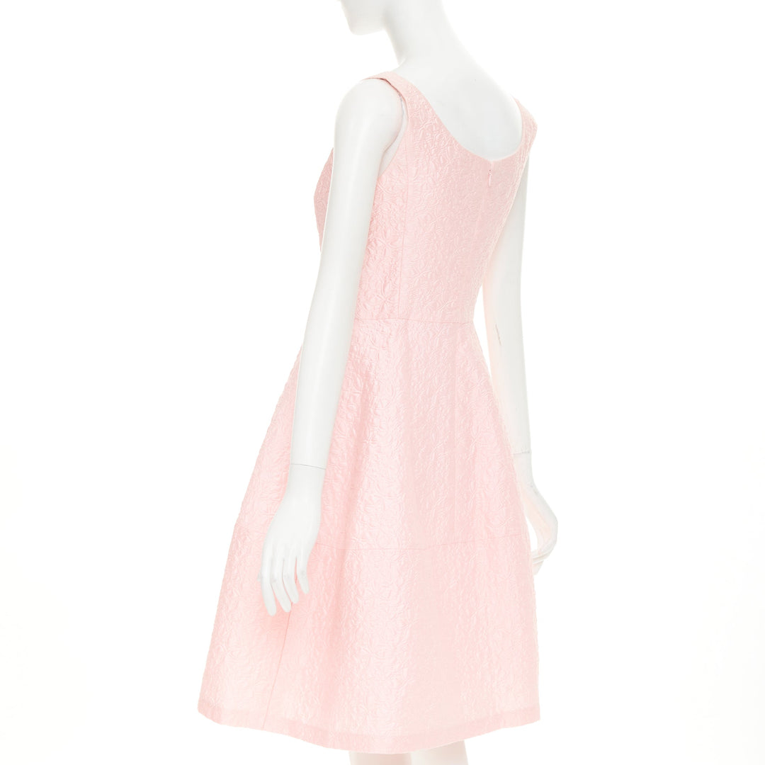 OSCAR DE LA RENTA 2016 pink cotton silk floral cloque fit flare dress US6 M