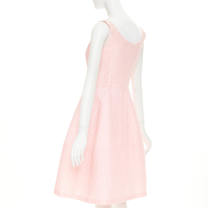 OSCAR DE LA RENTA 2016 pink cotton silk floral cloque fit flare dress US6 M
