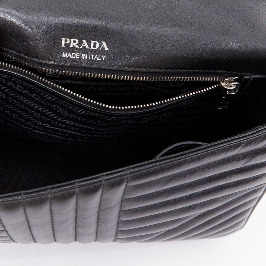 PRADA Diagramme black quilted silver logo crossbody flap shoulder bag