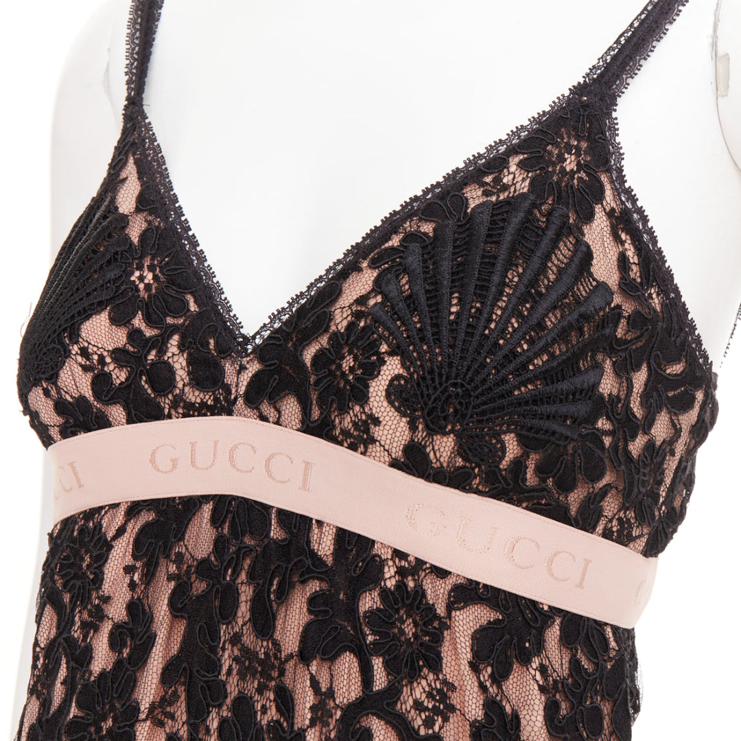 GUCCI 2021 Aria black floral lace logo jacquard lingerie cocktail dress IT36 XXS