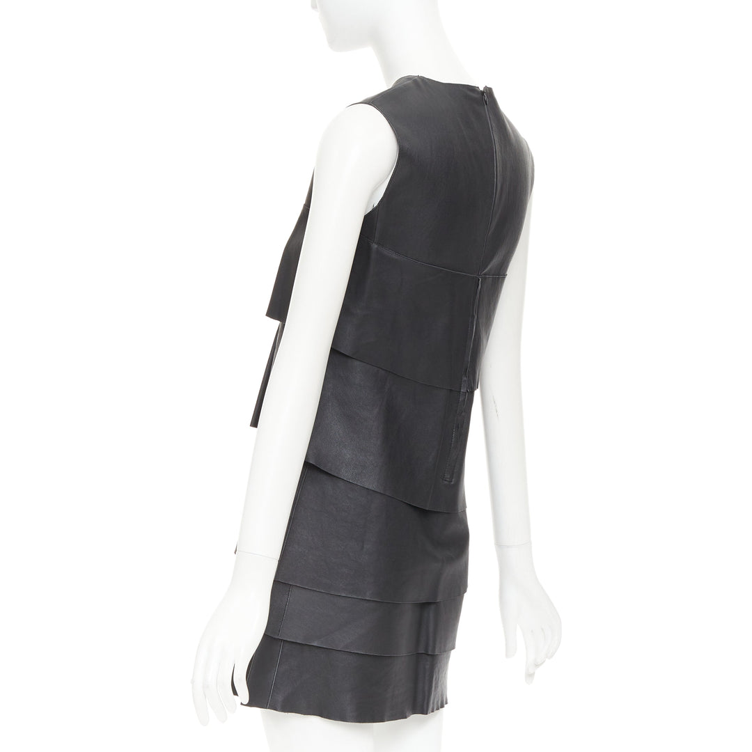 CELINE 2014 Phoebe Philo black lambskin leather crew tiered mini dress FR38 M