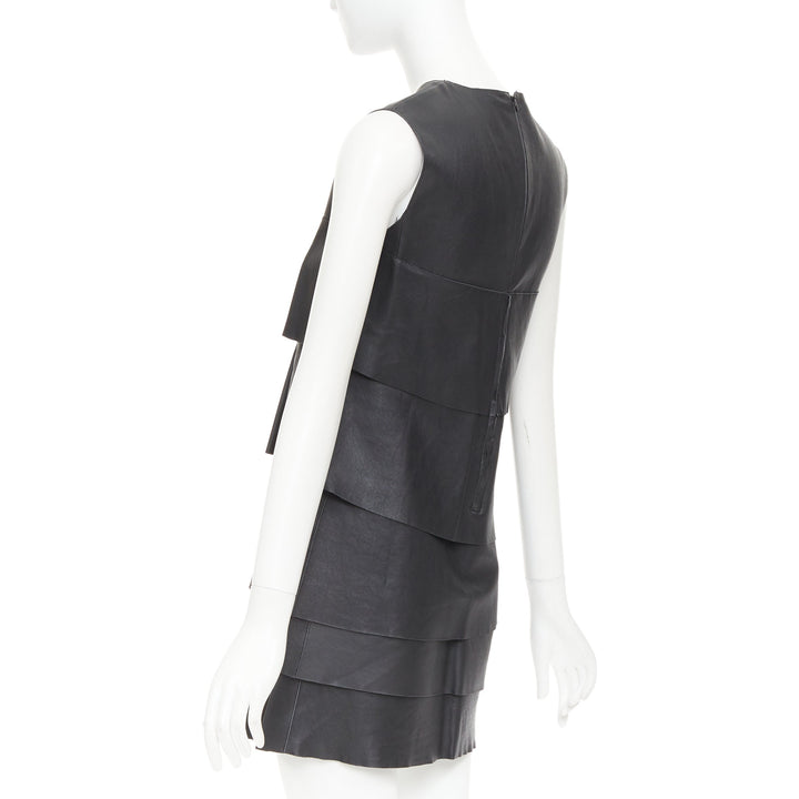 CELINE 2014 Phoebe Philo black lambskin leather crew tiered mini dress FR38 M