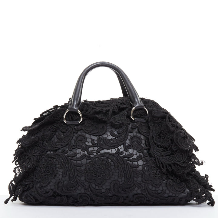 PRADA 2008 Lace Pizzo S Bowler black lace overlay leather silver zip bag