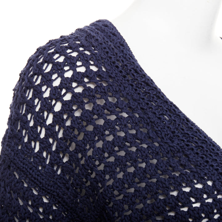 VINCE navy organic cotton crochet open knit scalloped cropped cardigan S