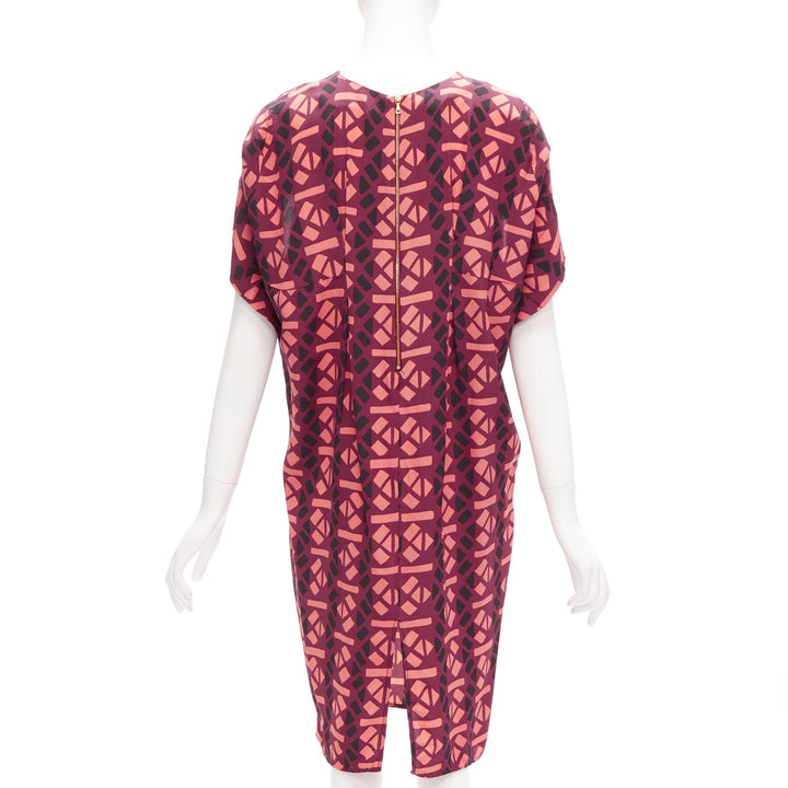 MARNI 100% silk burgundy pink geometric print cap sleeves dress IT36 XS