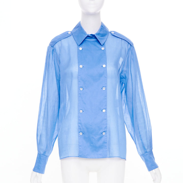 CHANEL sheer panel blue cotton double breasted epaulet button shirt FR38 M