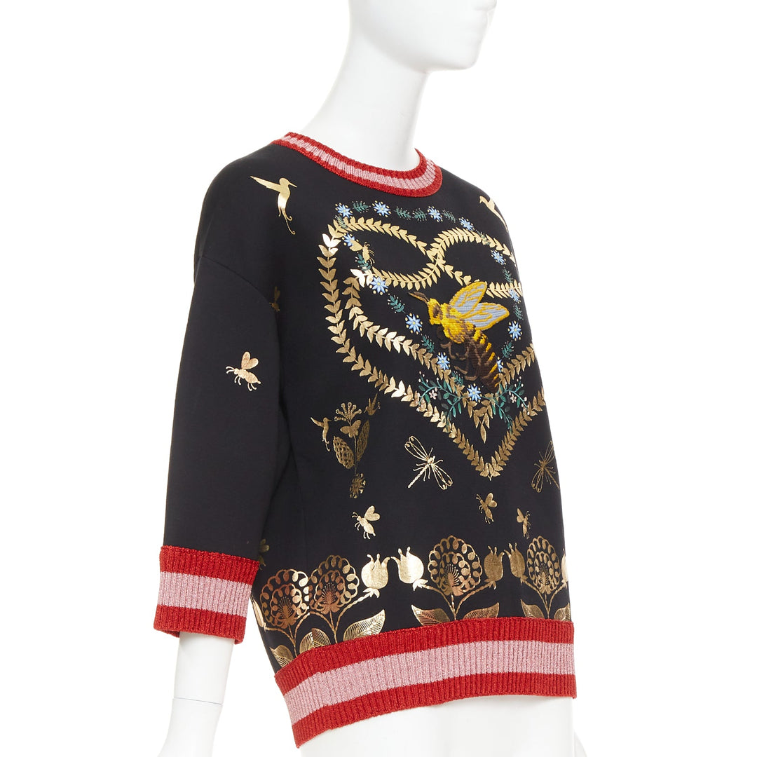 GUCCI black pink metallic foil Laminated Heart Bee applique sweatshirt S