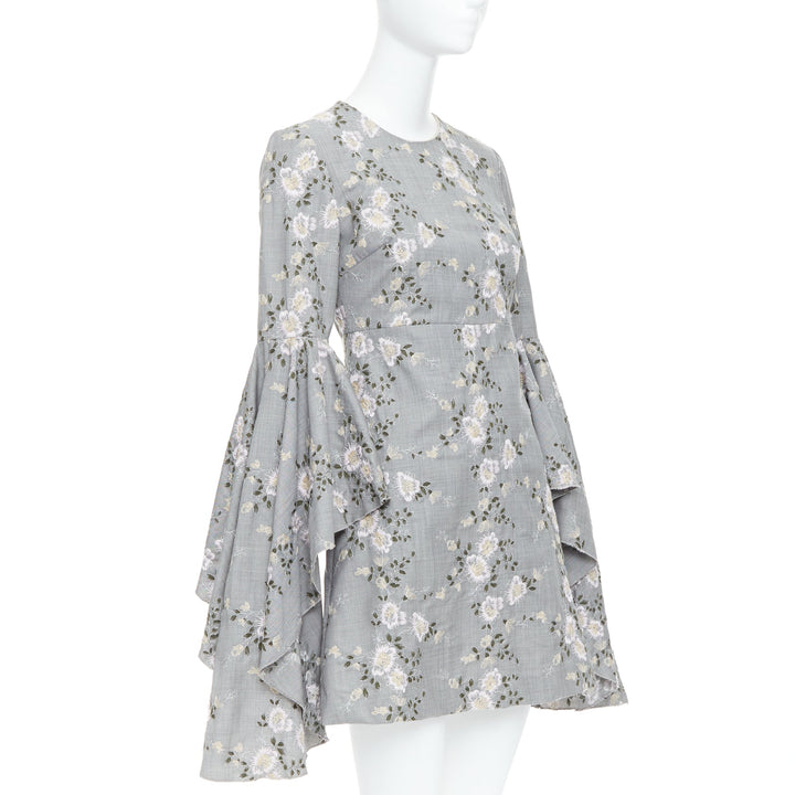 GIAMBATTISTA VALLI grey wool floral embroidery cascade bell sleeve dress IT38 XXS