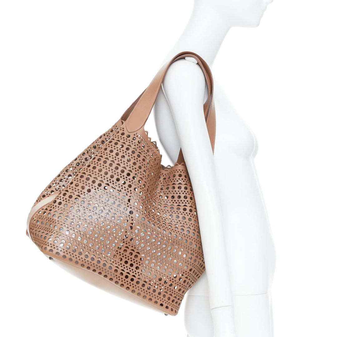 ALAIA Le Mina 32 Sable tan Vienne laser cut openwork calfskin leather tote bag