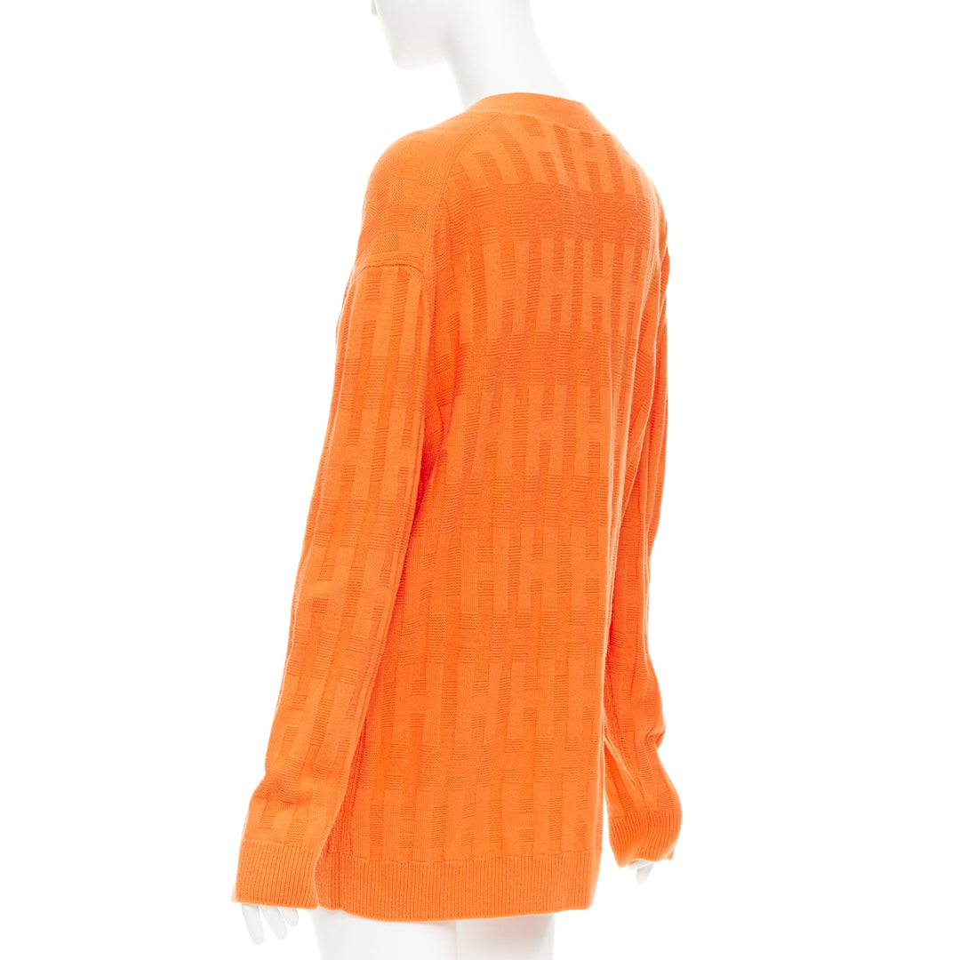 HERMES  H intarsia orange virgin wool V neck oversized cardigan FR36 S