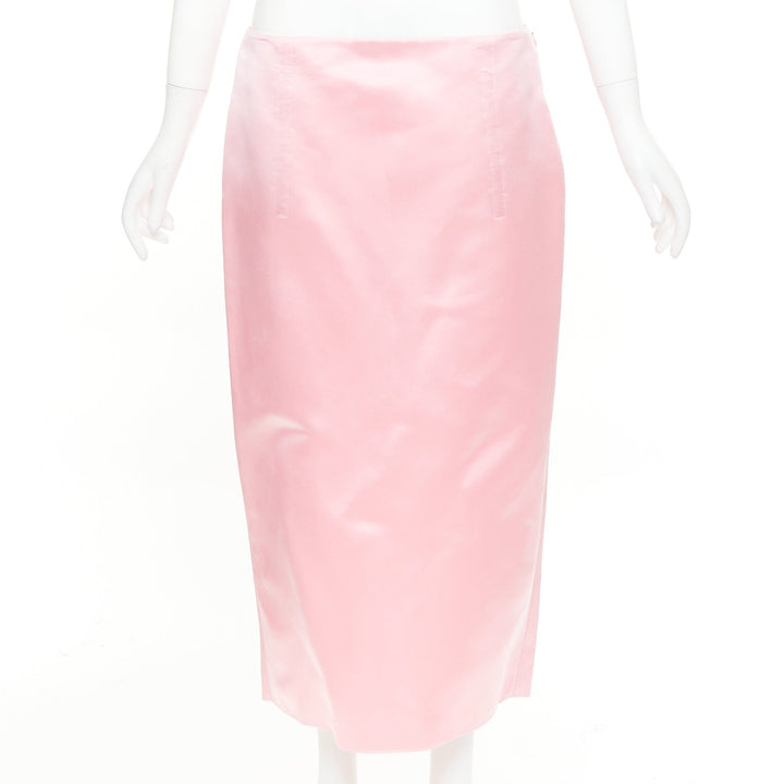 PRADA 2022 Raf Simons Runway pink double satin high rear split midi skirt IT42 M