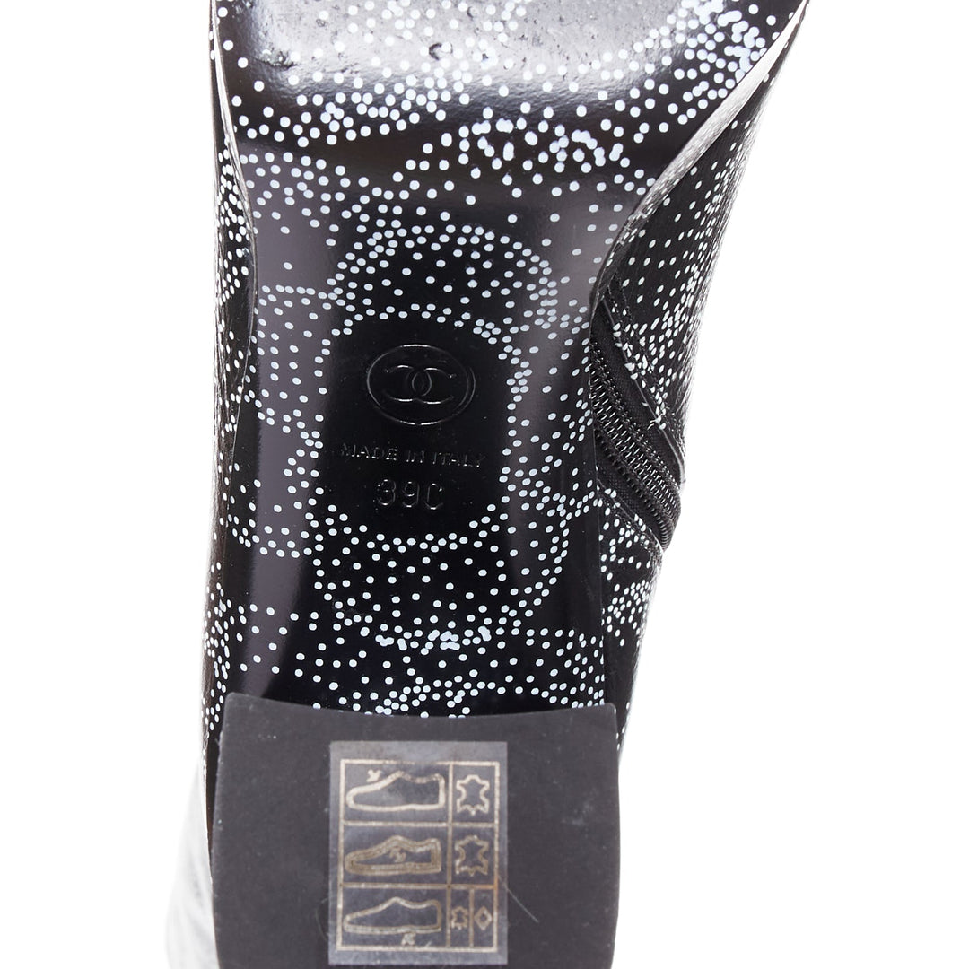 CHANEL 23A Runway white black CC camellia dotted logo print tall boots EU39