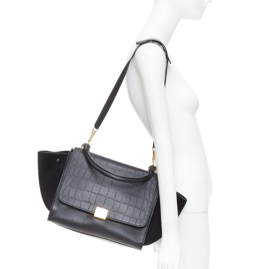 CELINE Trapeze black embossed scaled leather gold clasp crossbody bag