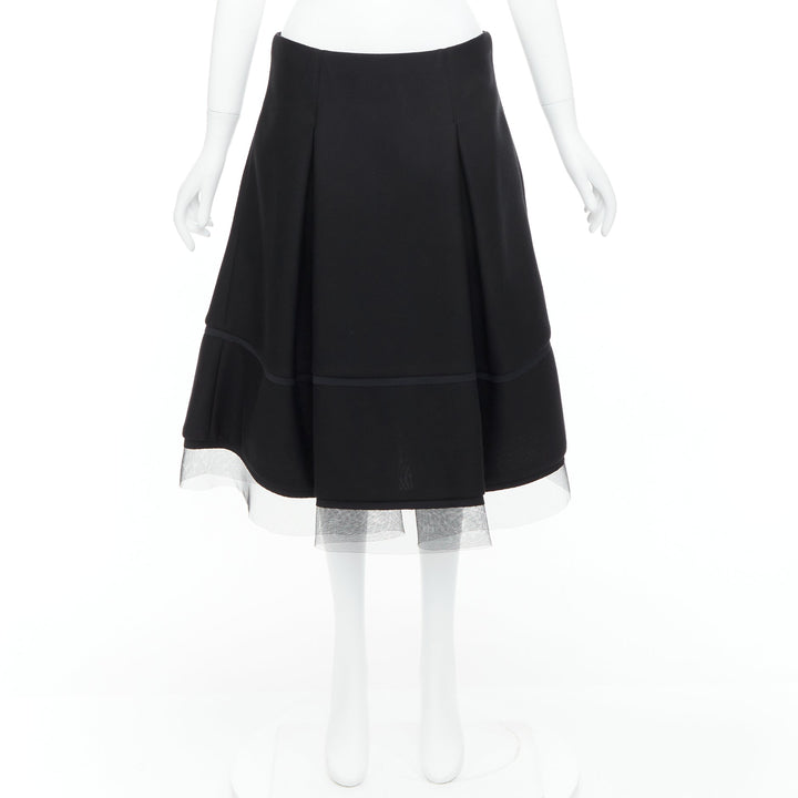 DONNA KARAN black scuba pleated tulle mesh trim A-line skirt FR40 L