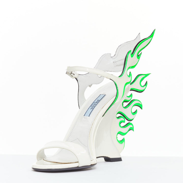 rare PRADA 2018 Flame Wedge white neon green patent Fire heel sandal EU37