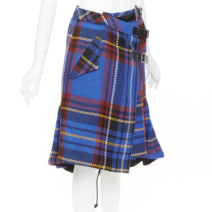 SACAI 2017 blue plaid check cotton blend leather buckle wrap kilt skirt JP2 M