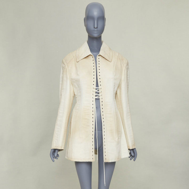 PRADA 2022 Runway Slub beige distressed canvas lace up corset jacket IT36 XXS