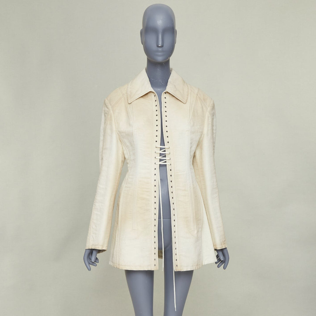 PRADA 2022 Runway Slub beige distressed canvas lace up corset jacket IT38 XS