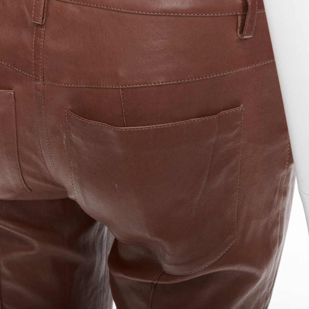 JITROIS brown genuine lambskin leather mid waist flare pants FR36 S