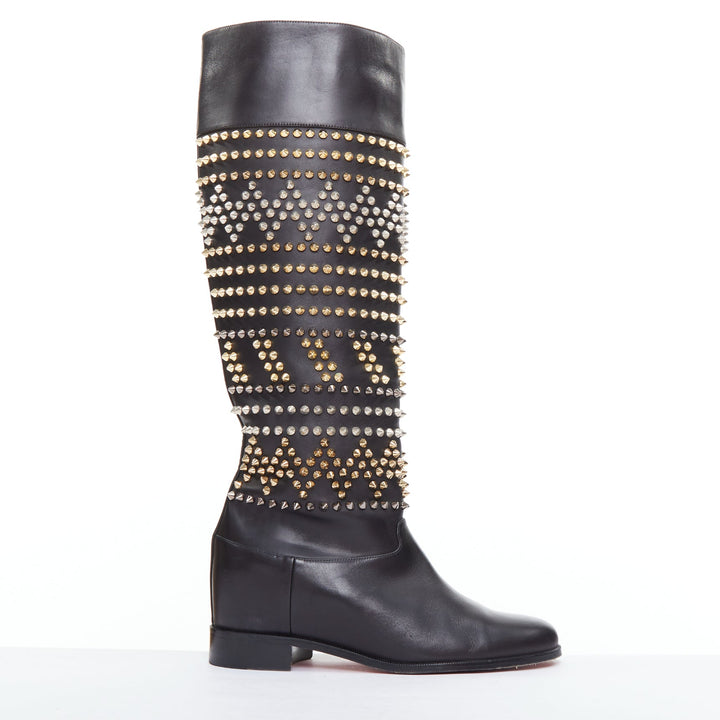 CHRISTIAN LOUBOUTIN Rom Chic black leather two tone studded long boots EU37