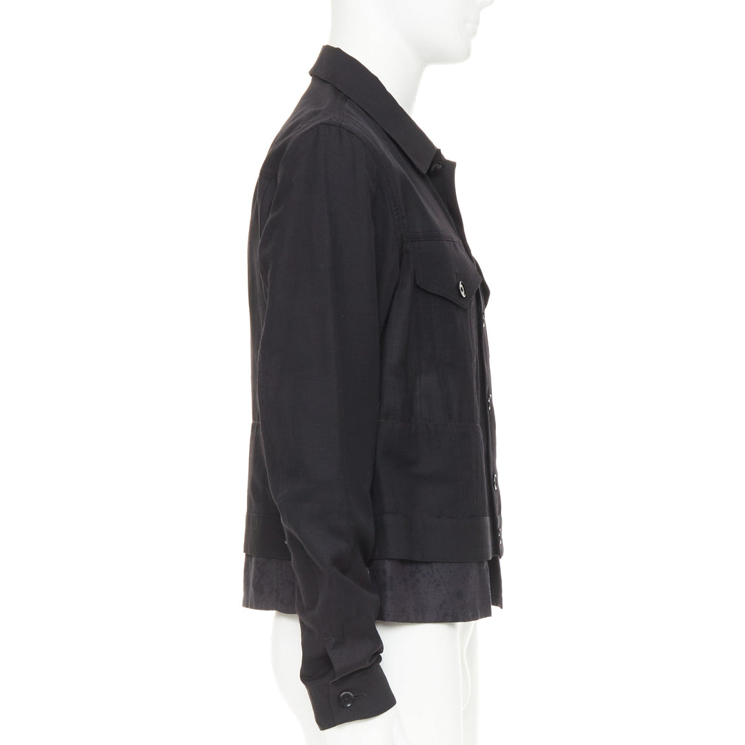 YOHJI YAMAMOTO Pour Homme black wool linen layered cropped trucker jacket JP4 XL