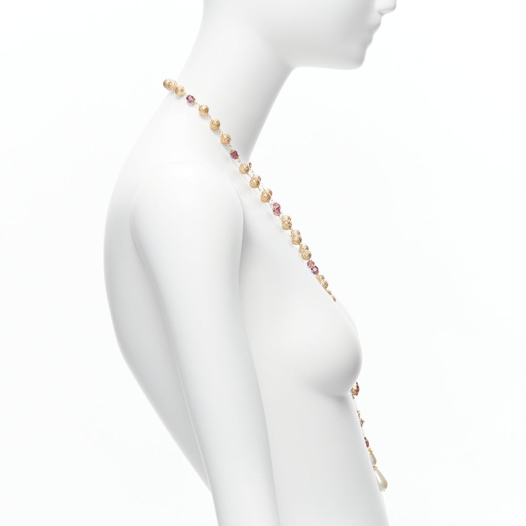 rare DOLCE GABBANA gold tone sapphire rhinestone pearl pendent filigree necklace
