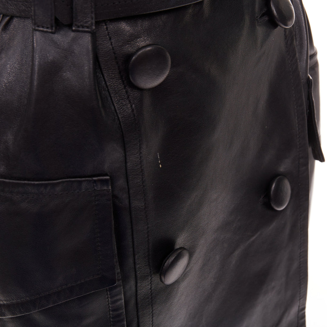 BALMAIN black lambskin leather XL gold buckle belted dress FR34 XXS