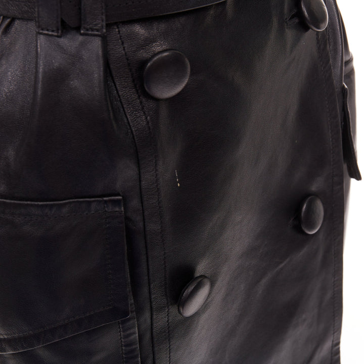 BALMAIN black lambskin leather XL gold buckle belted dress FR34 XXS
