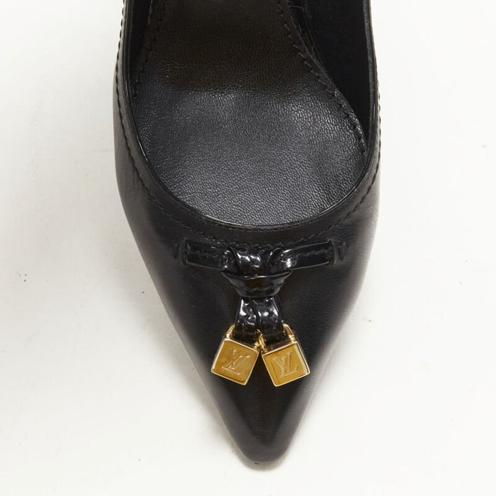 LOUIS VUITTON gold LV dice charm black leather mid heel pump EU36.5