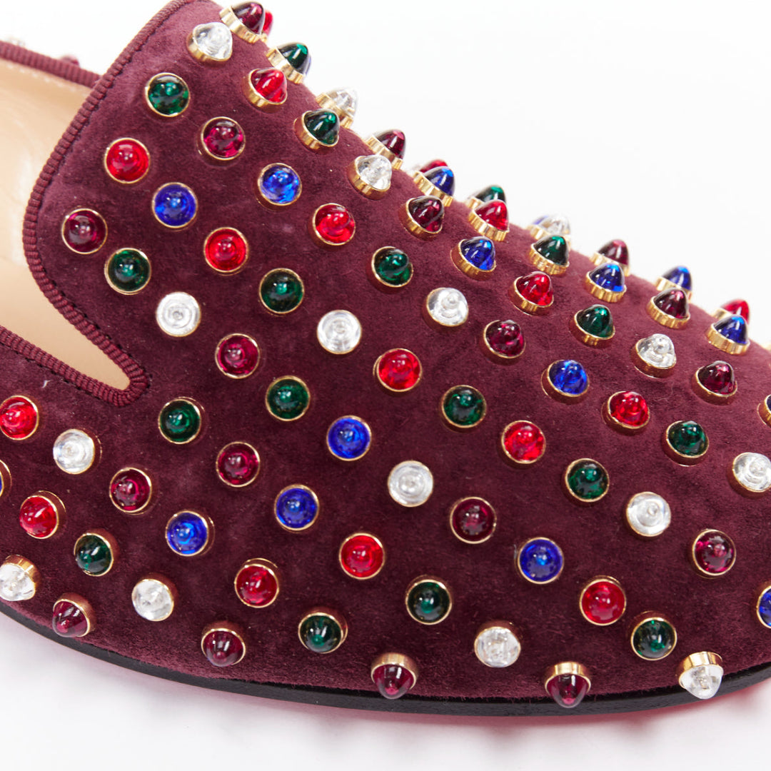 CHRISTIAN LOUBOUTIN burgundy suede jewel tone gripoix stone stud loafers EU36.5